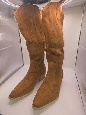 Women's Western Cowboy Boots Camel Tan Suede Look Knee High EU 42 Size 11